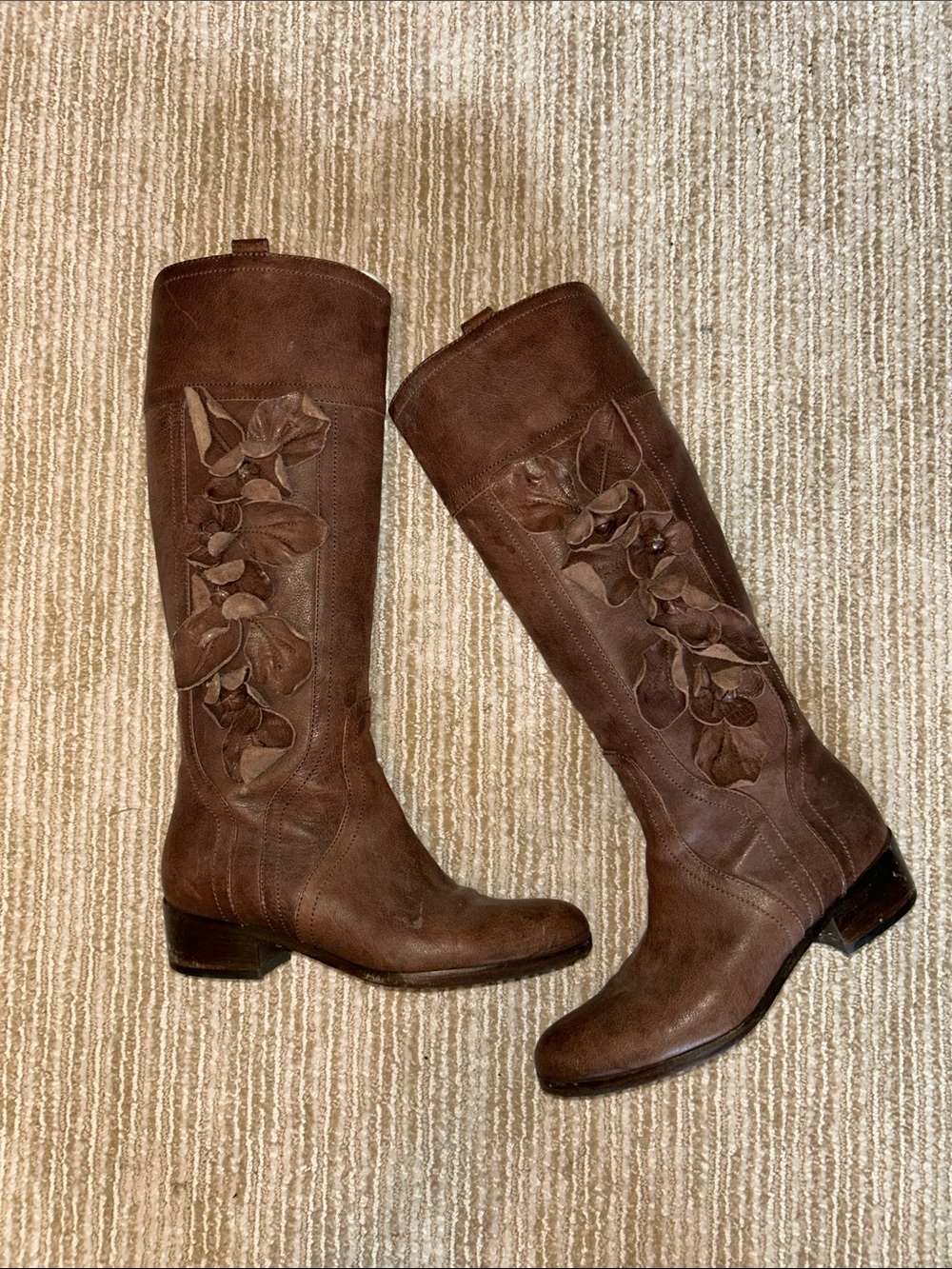 Vintage Valentino Leather Tall Boots with Floral Appliqué, Size 36.5